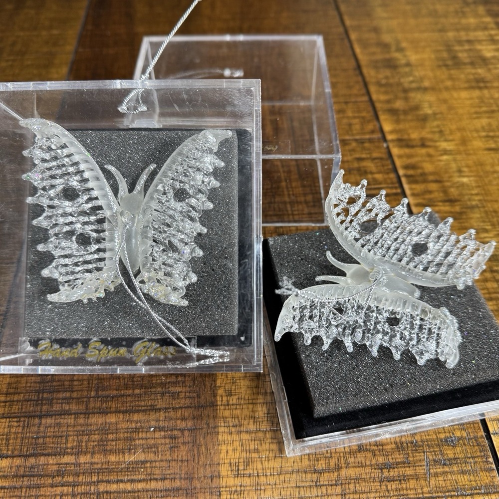 Vtg 2- Hand‎ Spun Glass 3D Butterflies Christmas Ornaments w/glitter In Cases